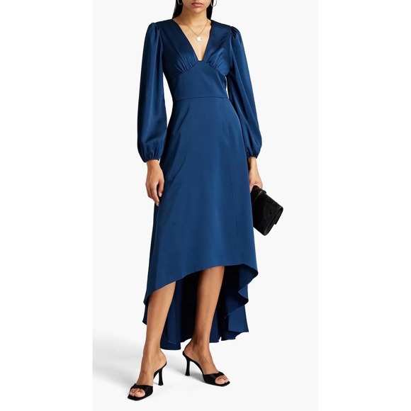 Aidan Mattox Teal Blue Satin V-Neck High-Low Midi Dress Bishop Sleeve Size 14 - Picture 2 of 16